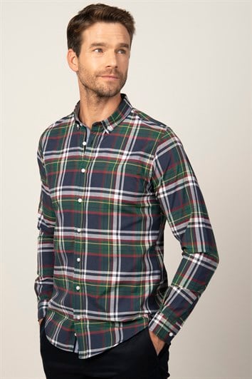 Erkek Slim Fit Dar Kesim Uzun Kollu Pamuklu Kolay Ütü Kareli Düğmeli Yaka Gömlek