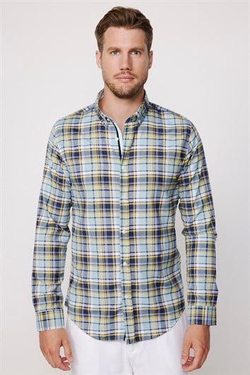 Erkek Slim Fit Dar Kesim Uzun Kollu Pamuklu Kolay Ütü Kareli Düğmeli Yaka Gömlek