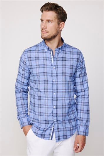 Erkek Slim Fit Dar Kesim Uzun Kollu Pamuklu Kolay Ütü Kareli Düğmeli Yaka Gömlek