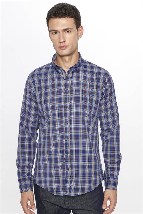 Erkek Slim Fit Dar Kesim Uzun Kollu Pamuklu Kolay Ütü Kareli Düğmeli Yaka Gömlek