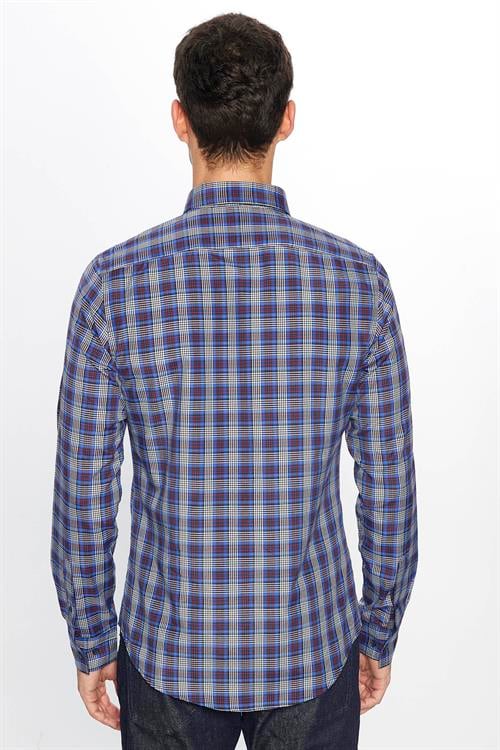 Erkek Slim Fit Dar Kesim Uzun Kollu Pamuklu Kolay Ütü Kareli Düğmeli Yaka Gömlek