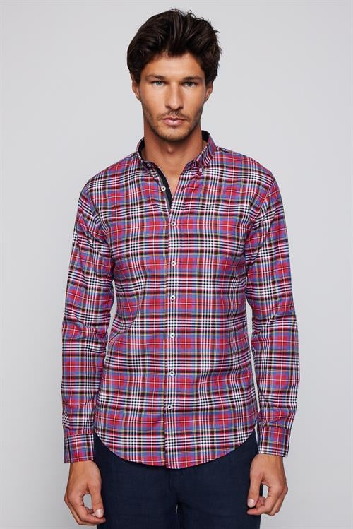 Erkek Slim Fit Dar Kesim Uzun Kollu Pamuklu Kolay Ütü Kareli Düğmeli Yaka Gömlek
