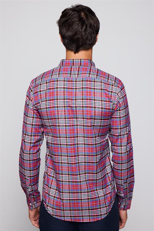 Erkek Slim Fit Dar Kesim Uzun Kollu Pamuklu Kolay Ütü Kareli Düğmeli Yaka Gömlek
