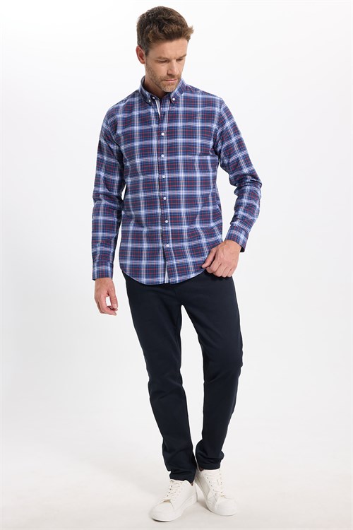 Erkek Slim Fit Dar Kesim Uzun Kollu Pamuklu Kolay Ütülenebilir Kareli Düğmeli Yaka Gömlek
