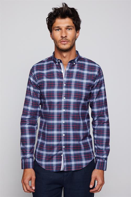 Erkek Slim Fit Dar Kesim Uzun Kollu Pamuklu Kolay Ütü Kareli Düğmeli Yaka Gömlek