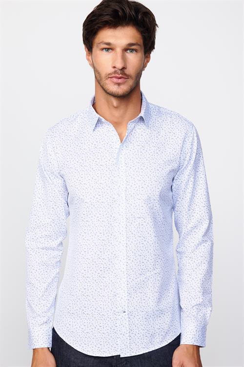 Slim Fit Uzun Kollu Dar Kesim Desenli Pamuklu Kolay Ütülenebilir Beyaz Erkek Gömlek