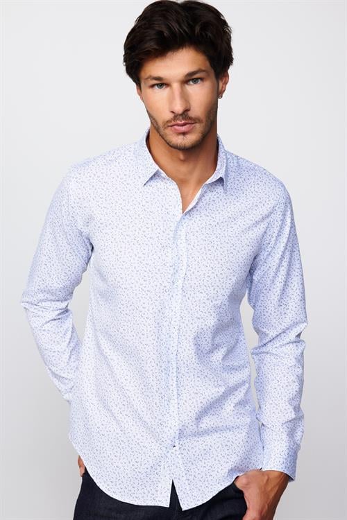 Slim Fit Uzun Kollu Dar Kesim Desenli Pamuklu Kolay Ütülenebilir Beyaz Erkek Gömlek
