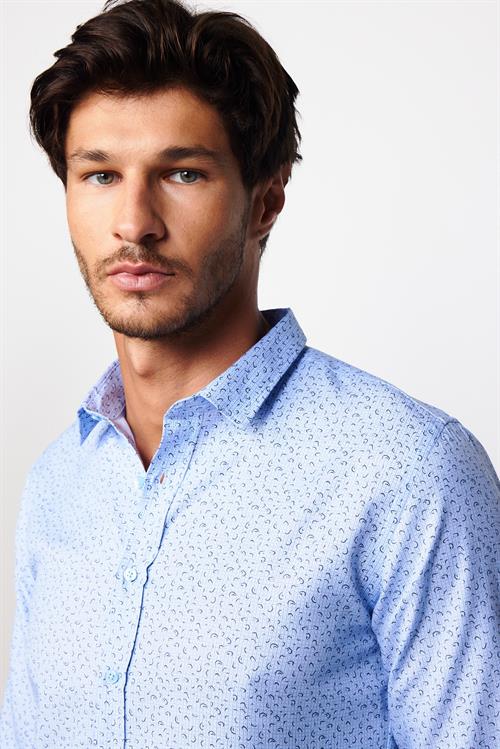 Slim Fit Uzun Kollu Dar Kesim Desenli Pamuklu Kolay Ütülenebilir Mavi Erkek Gömlek