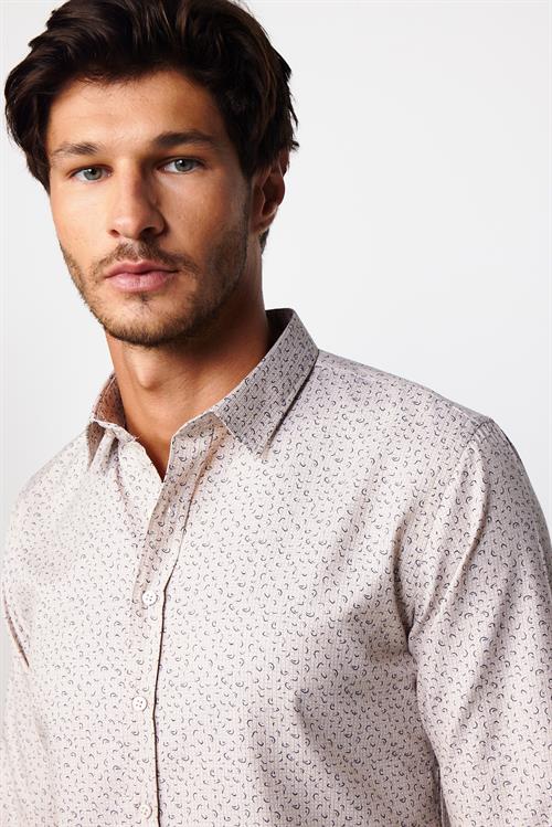 Slim Fit Uzun Kollu Dar Kesim Desenli Pamuklu Kolay Ütülenebilir Bej Erkek Gömlek
