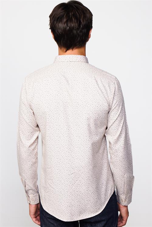 Slim Fit Uzun Kollu Dar Kesim Desenli Pamuklu Kolay Ütülenebilir Bej Erkek Gömlek