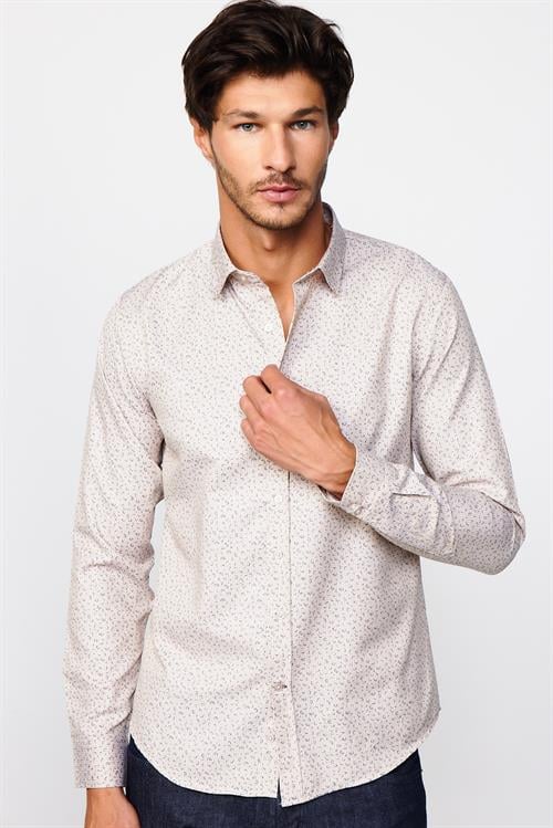 Slim Fit Uzun Kollu Dar Kesim Desenli Pamuklu Kolay Ütülenebilir Bej Erkek Gömlek