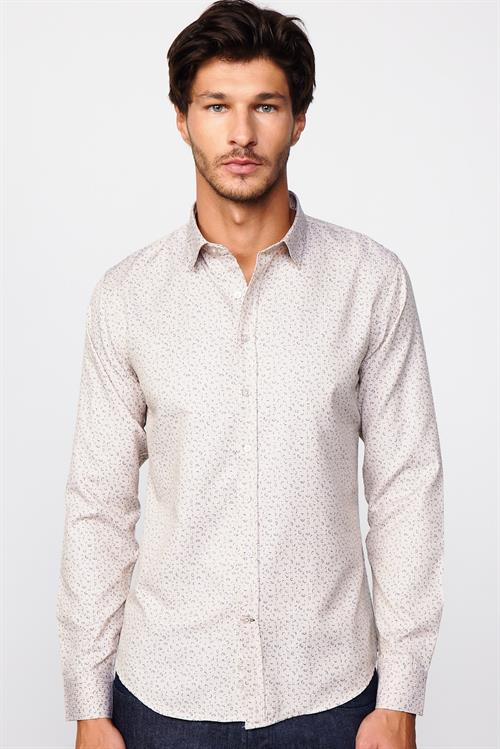 Slim Fit Uzun Kollu Dar Kesim Desenli Pamuklu Kolay Ütülenebilir Bej Erkek Gömlek