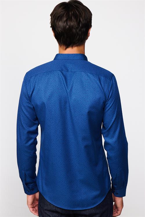 Slim Fit Uzun Kollu Dar Kesim Desenli Pamuklu Kolay Ütülenebilir İndigo Erkek Gömlek