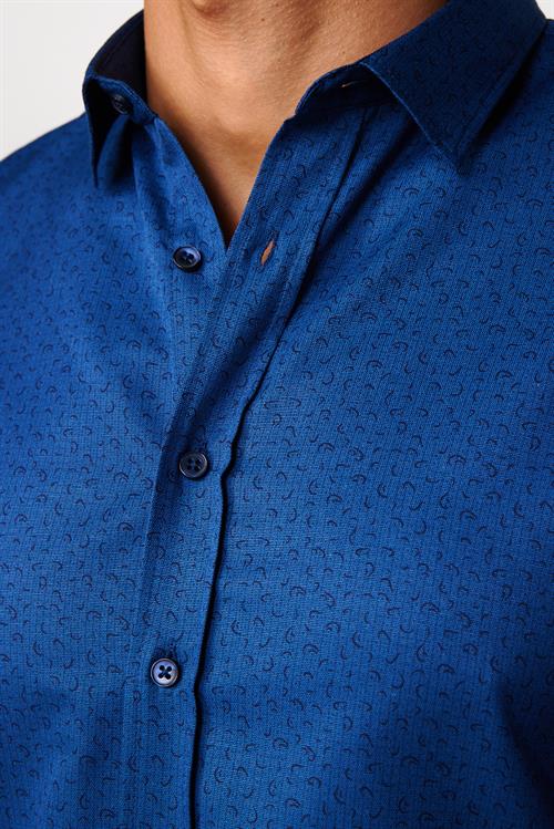 Slim Fit Uzun Kollu Dar Kesim Desenli Pamuklu Kolay Ütülenebilir İndigo Erkek Gömlek