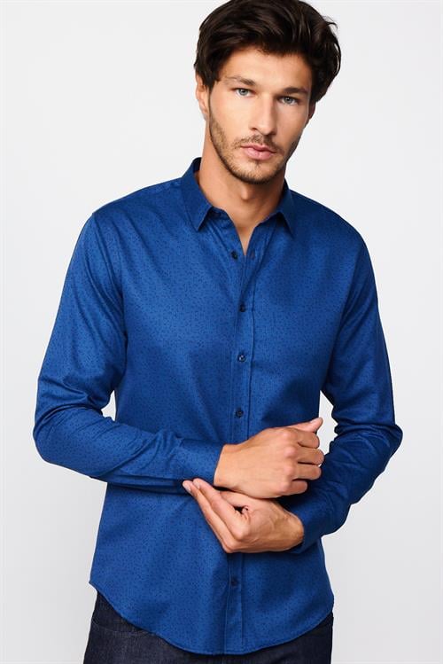 Slim Fit Uzun Kollu Dar Kesim Desenli Pamuklu Kolay Ütülenebilir İndigo Erkek Gömlek