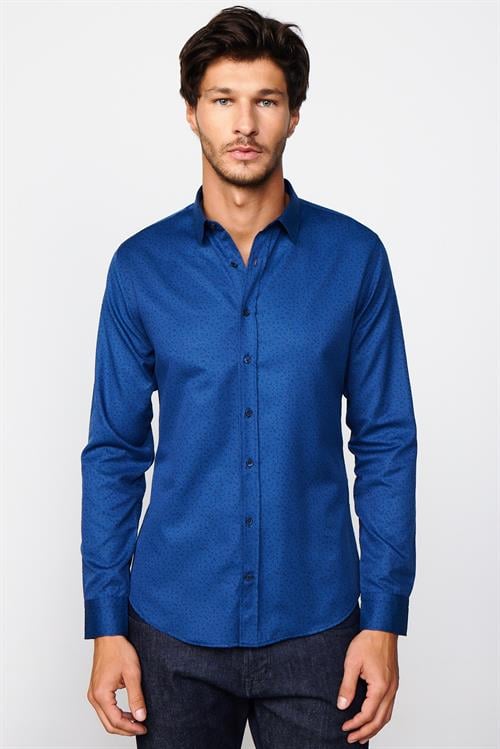 Slim Fit Uzun Kollu Dar Kesim Desenli Pamuklu Kolay Ütülenebilir İndigo Erkek Gömlek