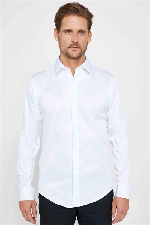 Slim Fit Uzun Kollu Gizli Pat Sırtı Körüklü Düz Erkek Beyaz Gömlek