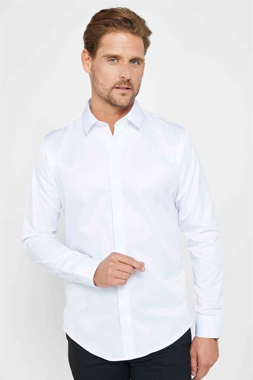 Slim Fit Uzun Kollu Gizli Pat Sırtı Körüklü Düz Erkek Beyaz Gömlek