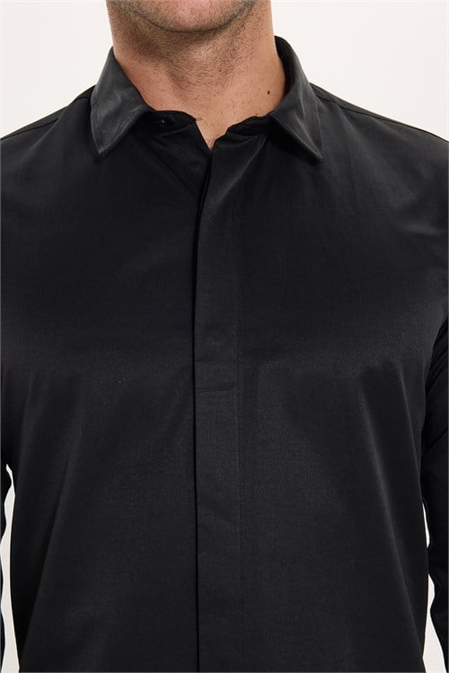 Slim Fit Uzun Kollu Gizli Pat Sırtı Körüklü Düz Siyah Erkek Gömlek