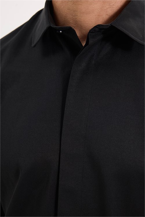 Slim Fit Uzun Kollu Gizli Pat Sırtı Körüklü Düz Siyah Erkek Gömlek