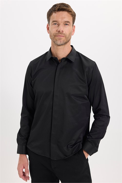 Slim Fit Uzun Kollu Gizli Pat Sırtı Körüklü Düz Siyah Erkek Gömlek