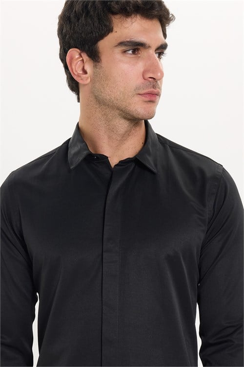 Slim Fit Uzun Kollu Gizli Pat Sırtı Körüklü Düz Siyah Erkek Gömlek