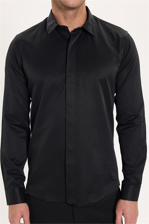 Slim Fit Uzun Kollu Gizli Pat Sırtı Körüklü Düz Siyah Erkek Gömlek