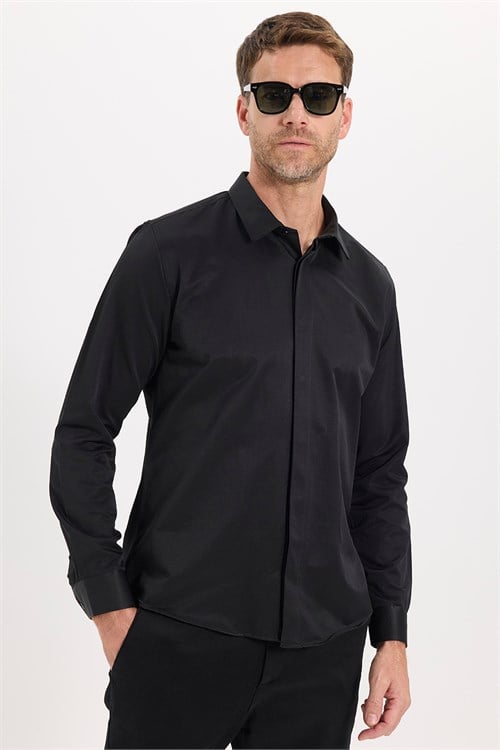 Slim Fit Uzun Kollu Gizli Pat Sırtı Körüklü Düz Siyah Erkek Gömlek