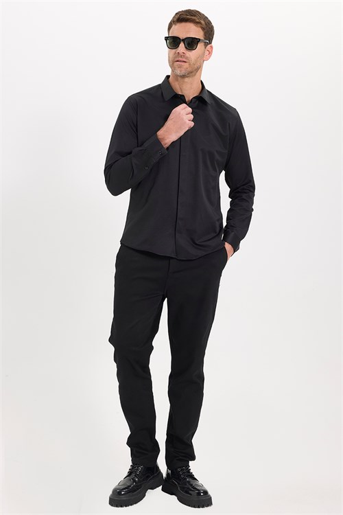 Slim Fit Uzun Kollu Gizli Pat Sırtı Körüklü Düz Siyah Erkek Gömlek