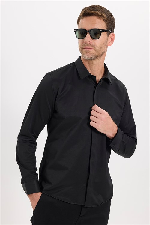 Slim Fit Uzun Kollu Gizli Pat Sırtı Körüklü Düz Siyah Erkek Gömlek
