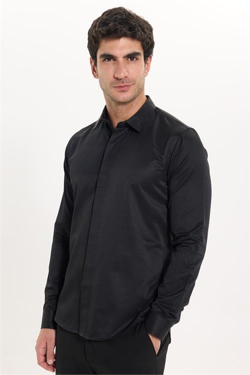 Slim Fit Uzun Kollu Gizli Pat Sırtı Körüklü Düz Siyah Erkek Gömlek