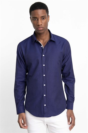 Slim Fit Uzun Kollu Oxford Doku Armürlü Biyeli Erkek Lacivert Gömlek