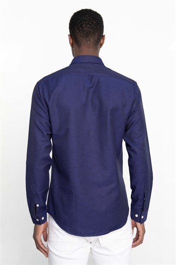 Slim Fit Uzun Kollu Oxford Doku Armürlü Biyeli Erkek Lacivert Gömlek