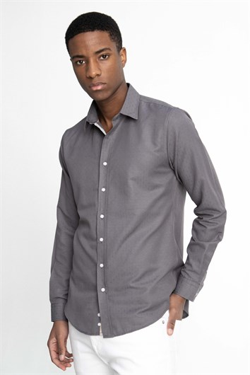 Slim Fit Uzun Kollu Oxford Doku Armürlü Biyeli Erkek Gri Gömlek