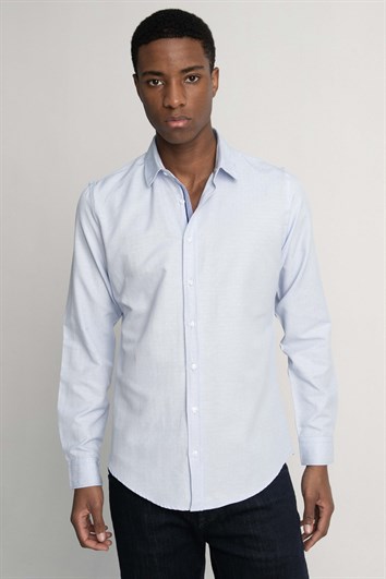 Slim Fit Uzun Kollu Oxford Doku Armürlü Biyeli Erkek Mavi Gömlek