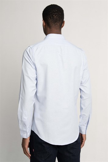 Slim Fit Uzun Kollu Oxford Doku Armürlü Biyeli Erkek Mavi Gömlek