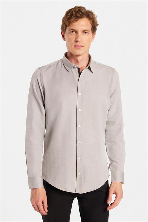 Slim Fit Uzun Kollu Oxford Doku Armürlü Biyeli Erkek Krem Gömlek