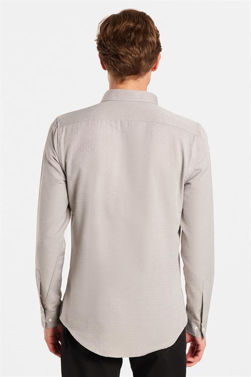 Slim Fit Uzun Kollu Oxford Doku Armürlü Biyeli Erkek Krem Gömlek