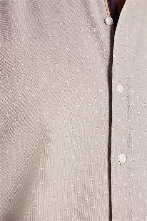 Slim Fit Uzun Kollu Oxford Doku Armürlü Biyeli Erkek Krem Gömlek