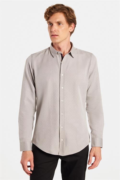 Slim Fit Uzun Kollu Oxford Doku Armürlü Biyeli Erkek Krem Gömlek