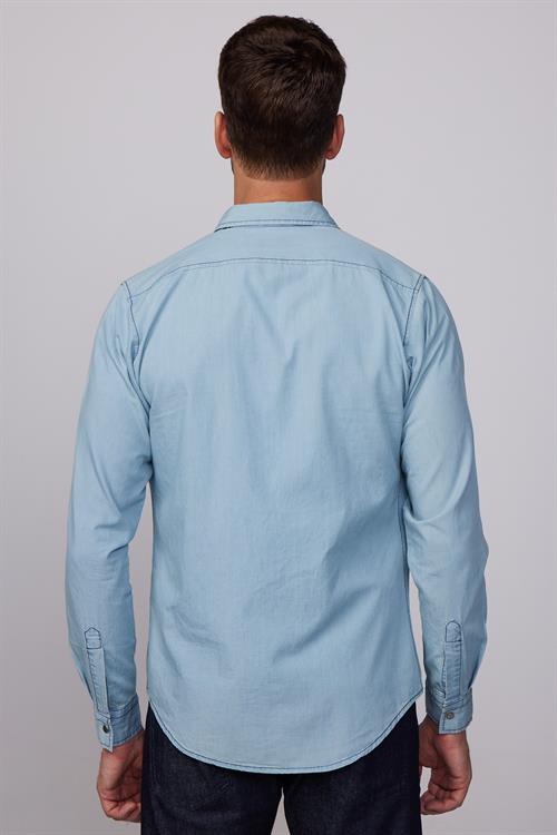 Slim Fit Uzun Kollu Çıt Çıtlı Tek Cep Kapaklı Denim Kot Mavi Erkek Gömlek