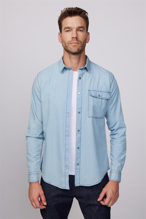 Slim Fit Uzun Kollu Çıt Çıtlı Tek Cep Kapaklı Denim Kot Mavi Erkek Gömlek
