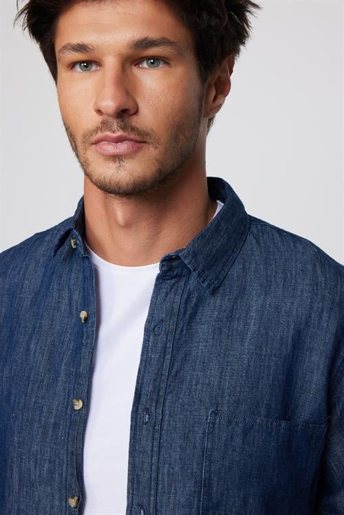Slim Fit Uzun Kollu Tek Cep Denim Kot Lacivert Erkek Gömlek