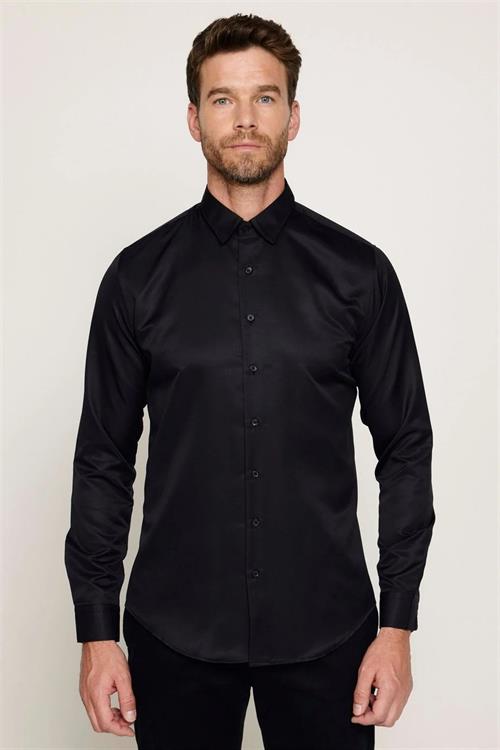 2li Paket Siyah Slim Fit Kolay Ütü Teri Emen Nefes Alan Doku Dört Mevsim Erkek Gömlek