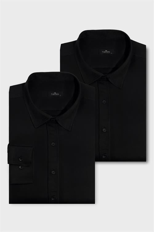 2li Paket Siyah Slim Fit Kolay Ütü Teri Emen Nefes Alan Doku Dört Mevsim Erkek Gömlek