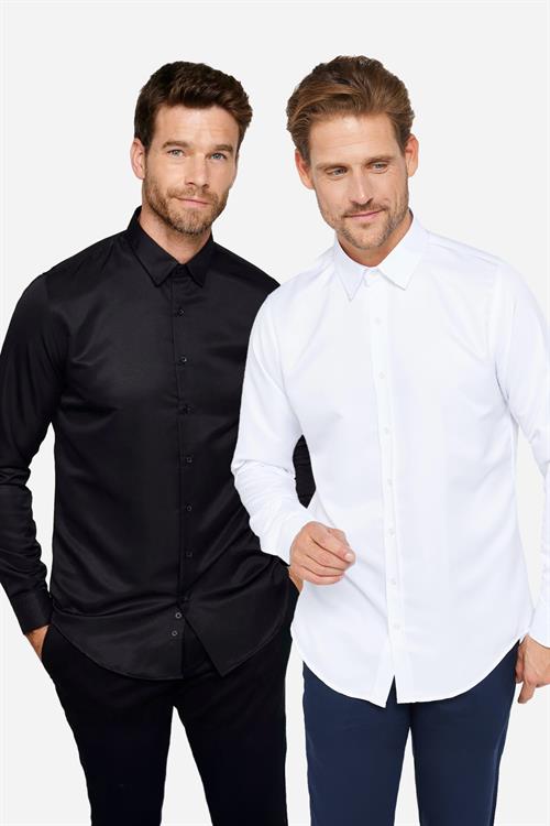 2li Paket Siyah-Beyaz Slim Fit Kolay Ütü Teri Emen Nefes Alan Doku Dört Mevsim Erkek Gömlek
