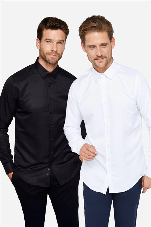 2li Paket Siyah-Beyaz Slim Fit Kolay Ütü Teri Emen Nefes Alan Doku Dört Mevsim Erkek Gömlek