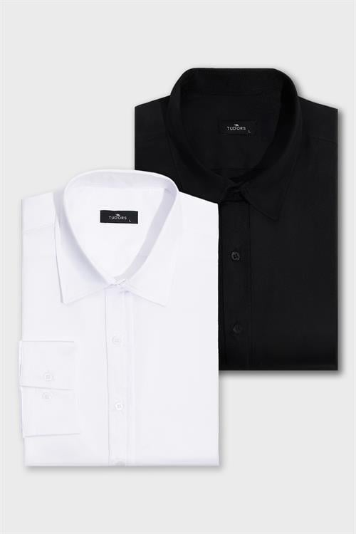 2li Paket Siyah-Beyaz Slim Fit Kolay Ütü Teri Emen Nefes Alan Doku Dört Mevsim Erkek Gömlek