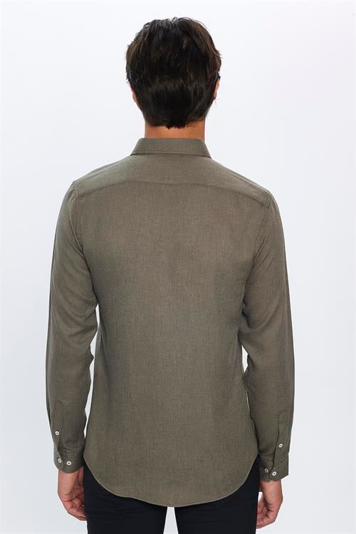 Slim Fit Uzun Kollu Düğmeli Yaka Kışlık Yün Viskon Düz Gömlek