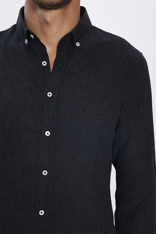 Slim Fit Uzun Kollu Düğmeli Yaka Kışlık Yün Viskon Düz Gömlek